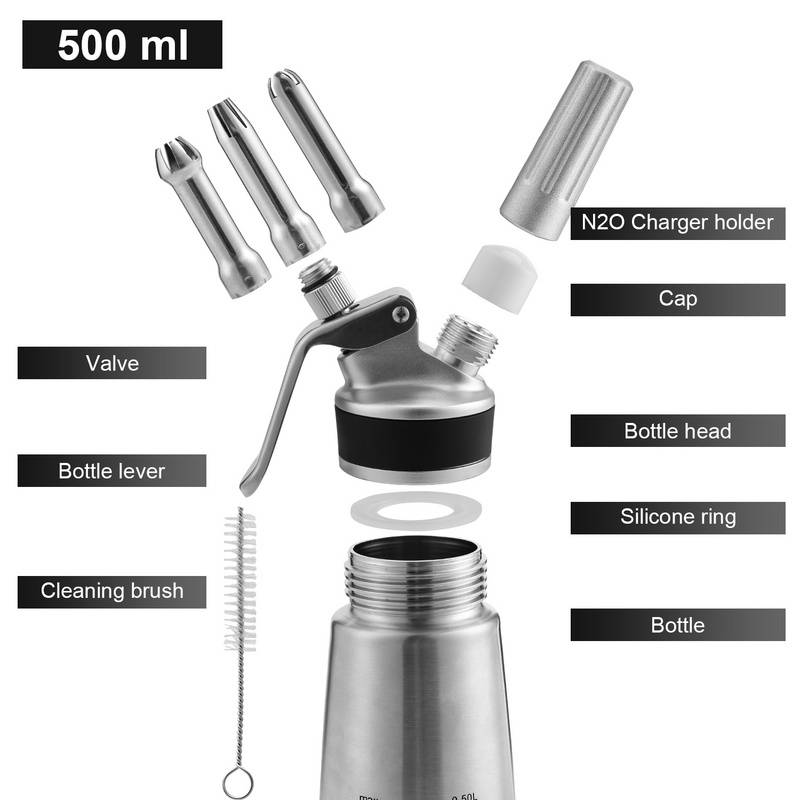 Sahnespender Edelstahl Sahnebereiter 500ml Sahnesyphon mit 3 Edelstahl Deko-Düsen Rostfrei Schlagsahne Dispenser Für Desserts Gebäck Sahne, Soßen