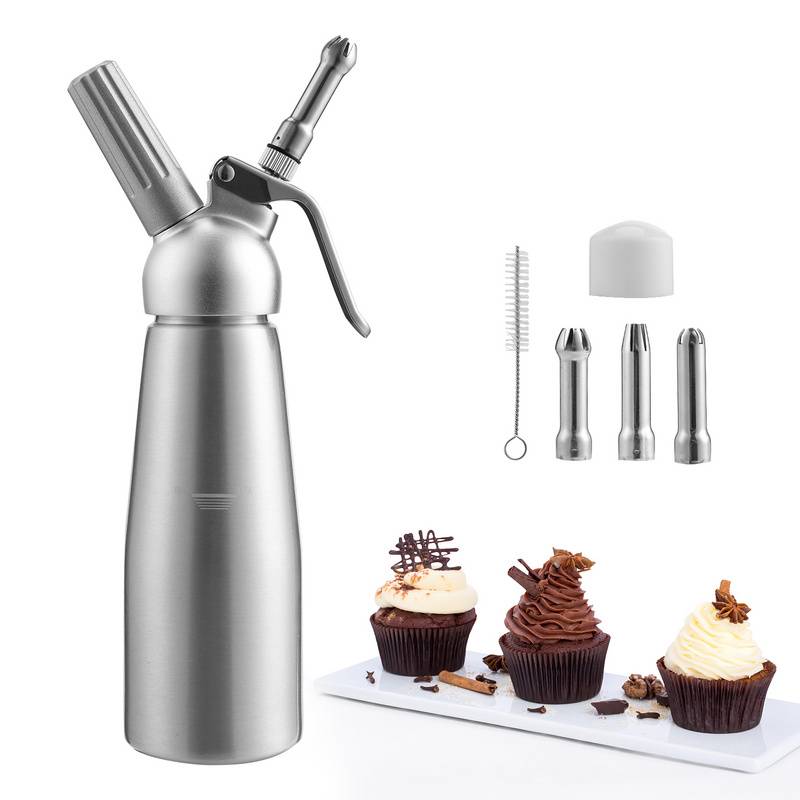 Sahnespender 0,5 L Aluminium Sahnesyphon Mit 3 Edelstahl Deko-Düsen und Reinigungbürste für die Zubereitung von Schlagsahne, Creme, Mousse N2O Sahn