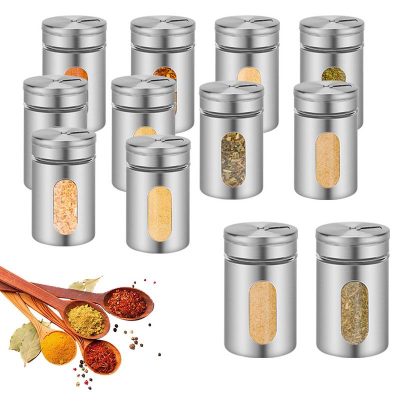 Gewürzstreuer, 12er Set, Salz & Pfeffer,80ml Glas-Gewürzgläser mit Sichtfenster & 3 Streugrößen zur Aufbewahrung von Gewürze ,Silber