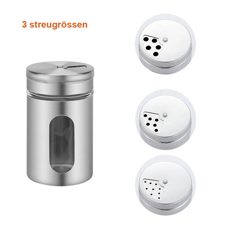 Gewürzstreuer, 12er Set, Salz & Pfeffer,80ml Glas-Gewürzgläser mit Sichtfenster & 3 Streugrößen zur Aufbewahrung von Gewürze ,Silber