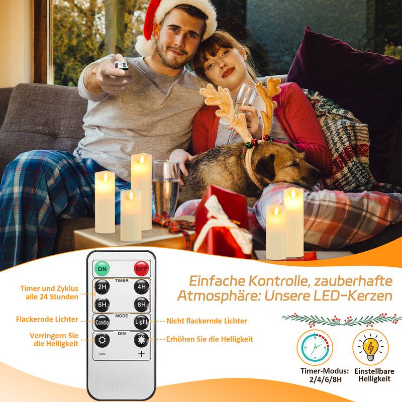 5x LED Kerzen Timer Kerze Flackernde Flamme mit Fernbedienung 5 Größen Dimmbar Elektrische Echtwachs Warmweiß