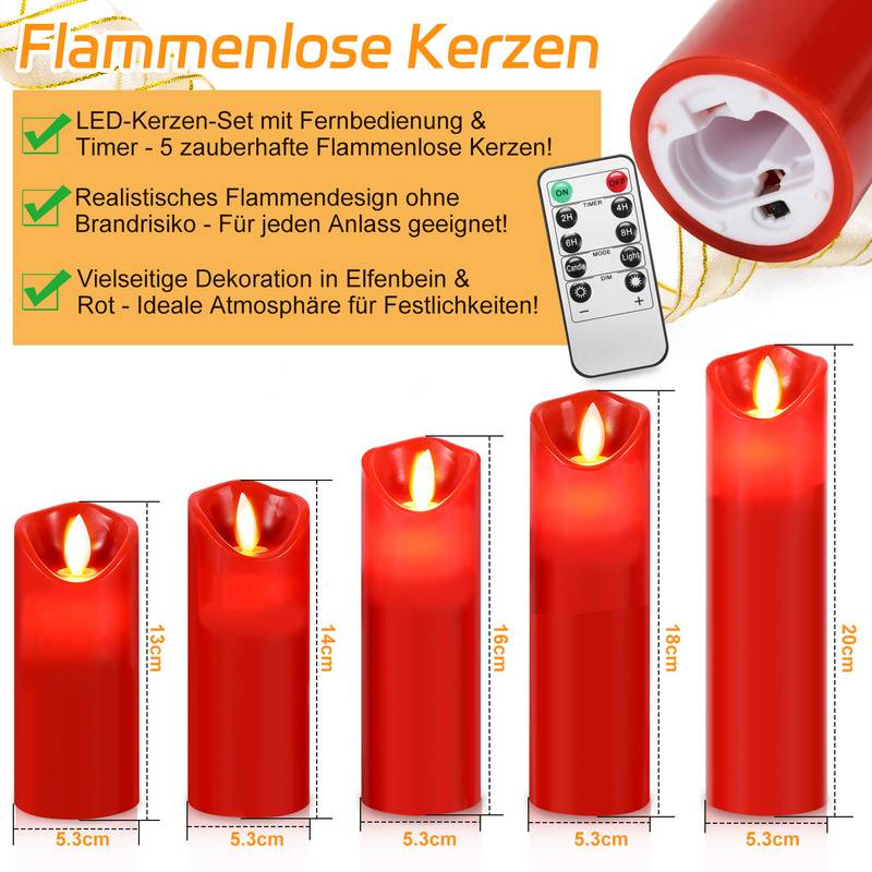 5x LED Kerzen Timer Kerze Flackernde Flamme mit Fernbedienung 5 Größen Dimmbar Elektrische Echtwachs Warmweiß
