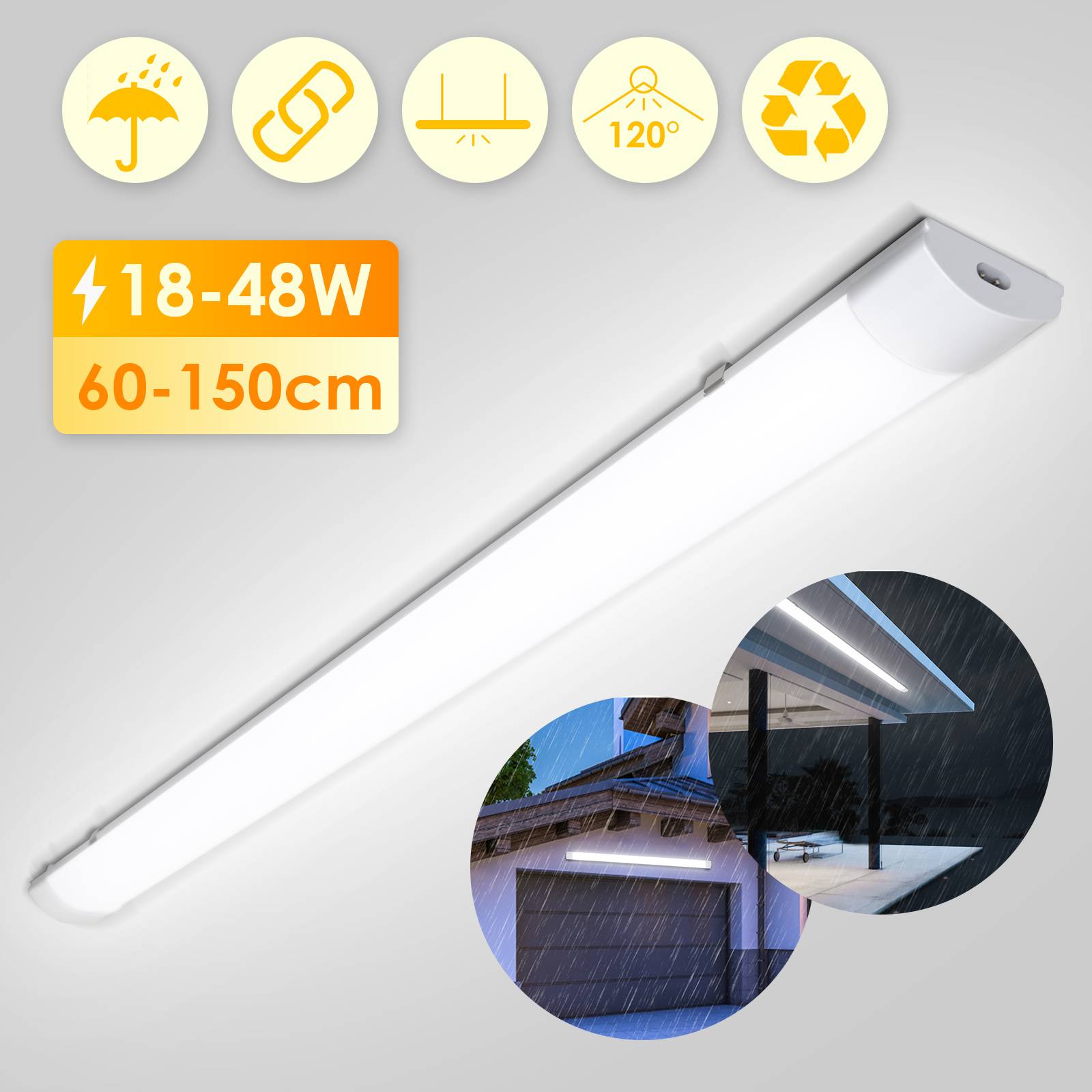 18W LED Feuchtraumleuchte Wannenleuchte 60cm 4000K Neutralweiß IP65 Wasserdicht Werkstattlampe Wasserfest Kellerlampe
