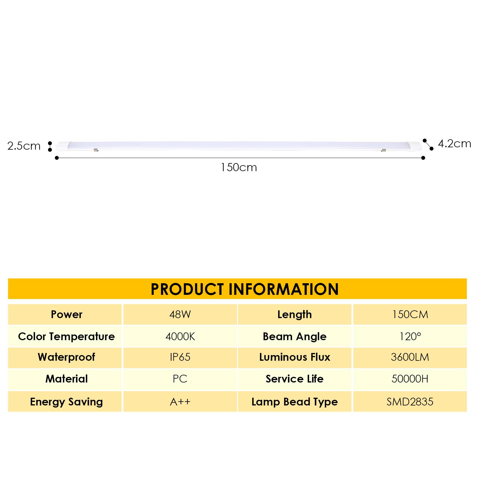 48W LED Feuchtraumleuchte Wannenleuchte 150cm 4000K Neutralweiß IP65 Wasserdicht Werkstattlampe Wasserfest Kellerlampe