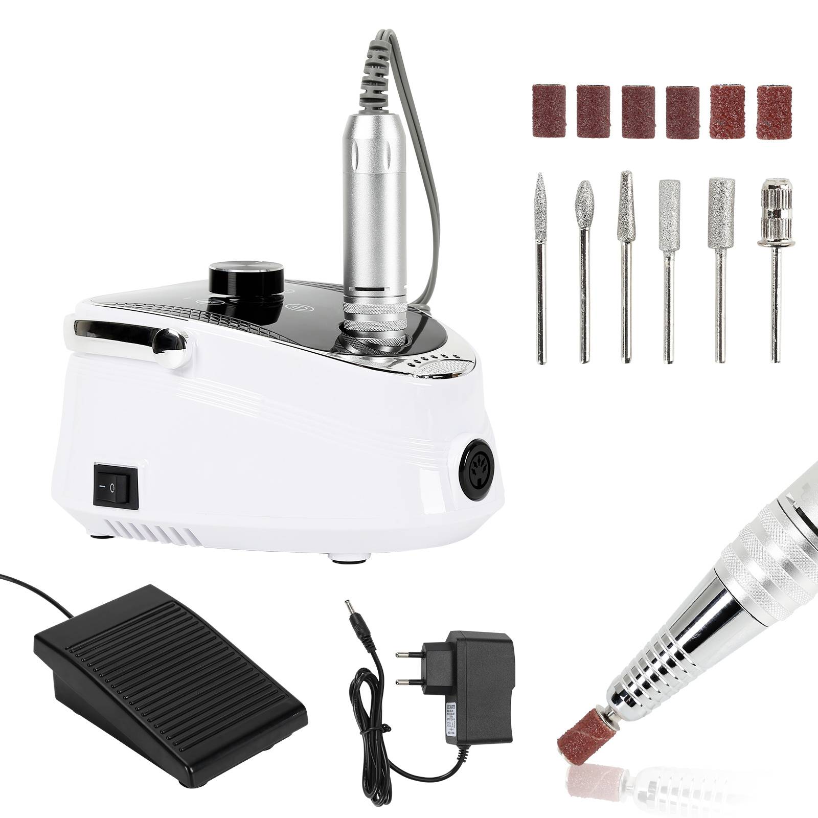 Elektrischer Nagelbohrer-Set mit tragbarem Elektrowerkzeug, Fußpedal, Netzteil, Schleifbändern und mehreren Bohrspitzen für Maniküre und Pediküre.