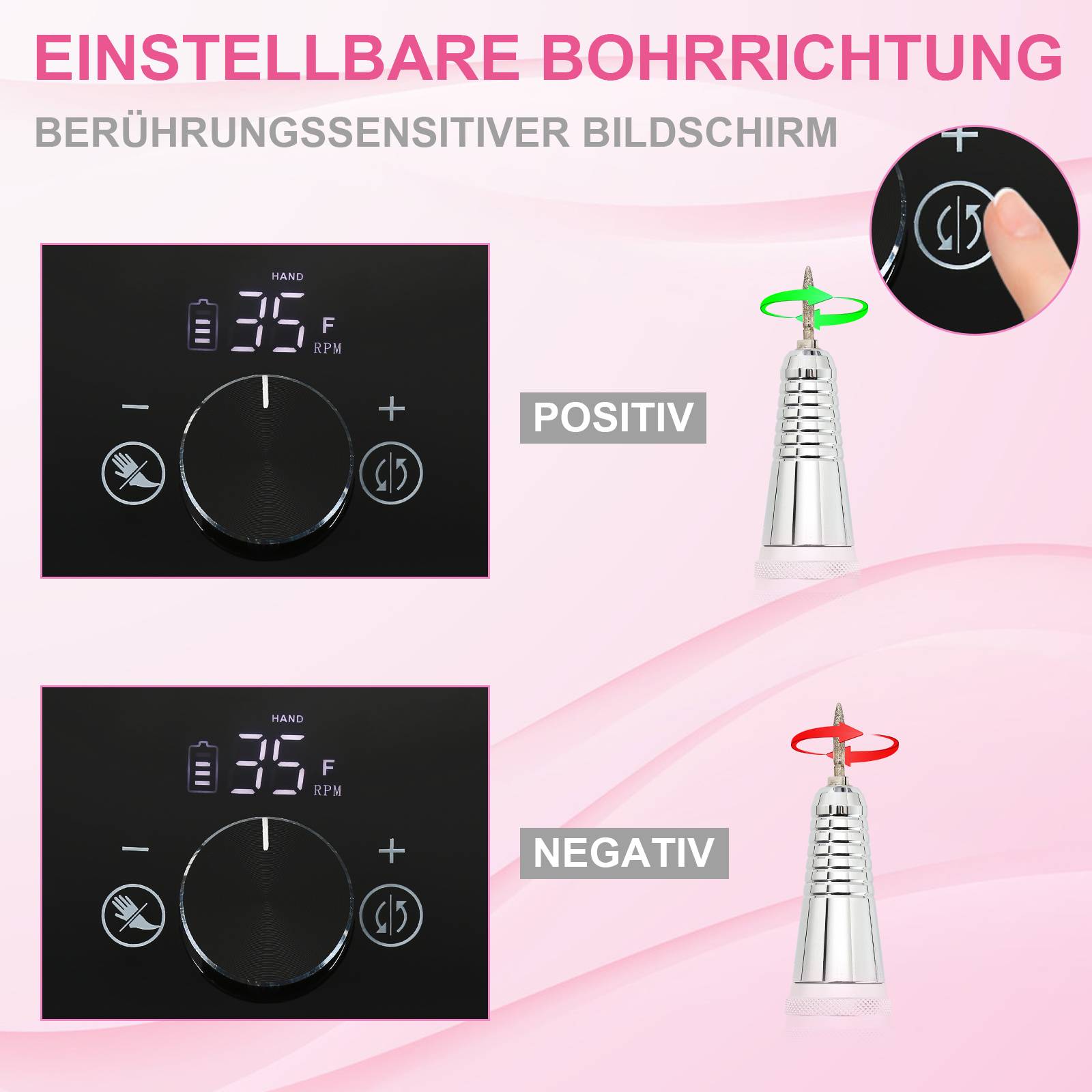 Anzeige für eine verstellbare Bohrmaschine mit berührungsempfindlichem Display, das positive und negative Drehrichtungsmodi zeigt und eine Hand, die auf das Steuersymbol drückt.
