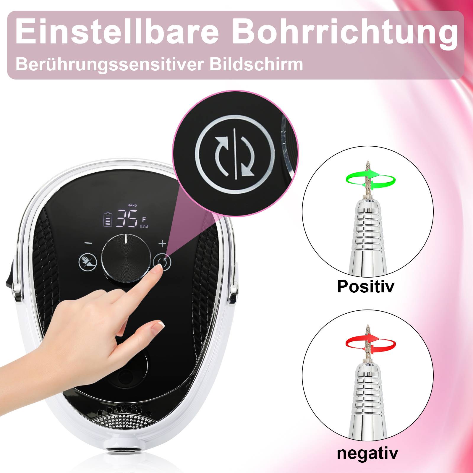 Heißluftfritteuse mit Touchscreen mit einstellbarer Luftstromrichtung; Symbole zeigen positive und negative Rotationseinstellungen an.