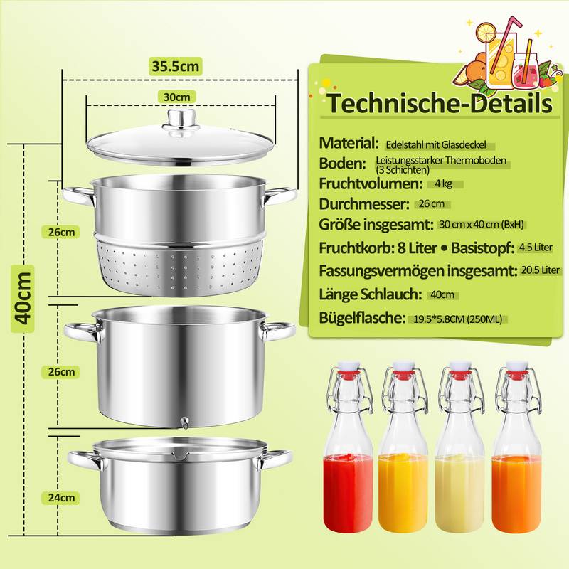 Edelstahl Dampfentsafter Entsafter Fruchtentsafter Saftpresse Obst InduktionDampfentsafter, 8 L, Dampfkochtöpfe, Edelstahl, für alle Herdarten geeig