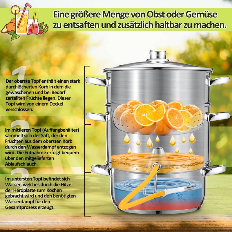 Edelstahl Dampfentsafter Entsafter Fruchtentsafter Saftpresse Obst InduktionDampfentsafter, 8 L, Dampfkochtöpfe, Edelstahl, für alle Herdarten geeig