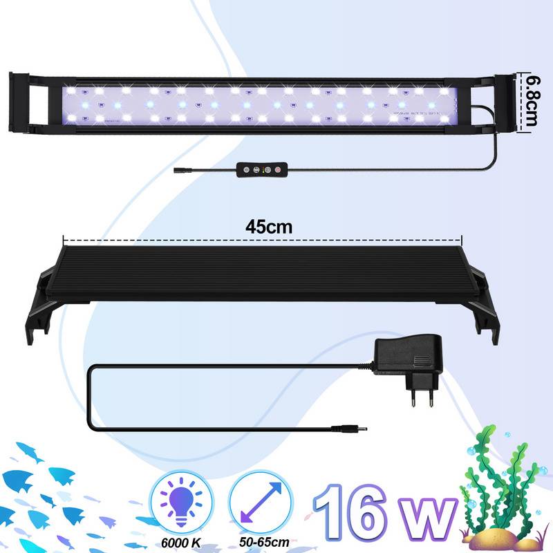 LED Aquarium Lampe 3 Lichtmodi Tank Leuchte Versenkbare Aquarien Beleuchtung mit Timer,50-65cm,16W