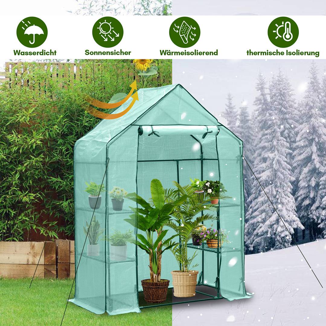 Tragbares grünes Gewächshaus in einem Garten mit Textsymbolen, die wasserdicht, sonnenschutzresistent, wärmeisolierend und Wärmeschutz-Eigenschaften zeigen.