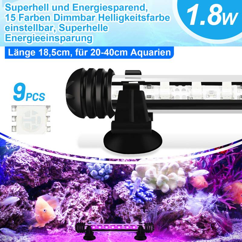 18.5cm LED Aquarium Beleuchtung IP67 Wasserfest RGB Licht Aufsetzleuchte Dimmbar Fisch Tank Unterwasser Lampe