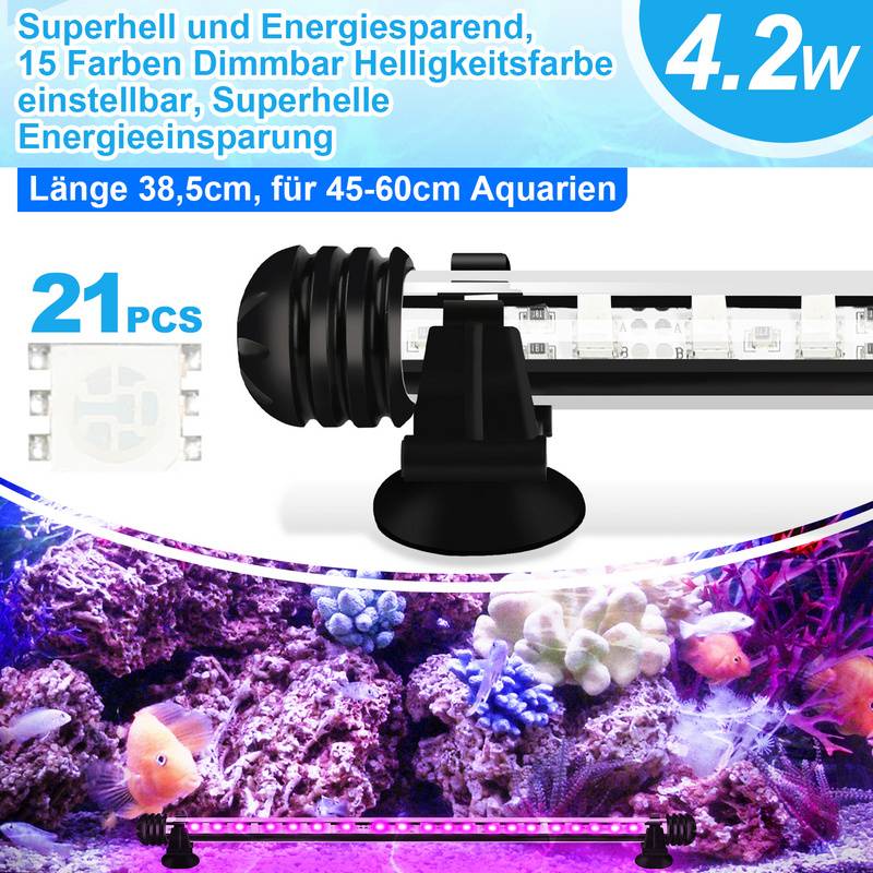 38.5cm LED Aquarium Beleuchtung IP67 Wasserfest RGB Licht Aufsetzleuchte Dimmbar Fisch Tank Unterwasser Lampe