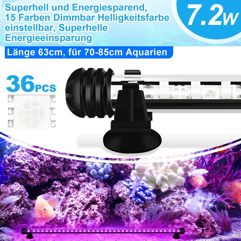 63cm LED Aquarium Beleuchtung IP67 Wasserfest RGB Licht Aufsetzleuchte Dimmbar Fisch Tank Unterwasser Lampe
