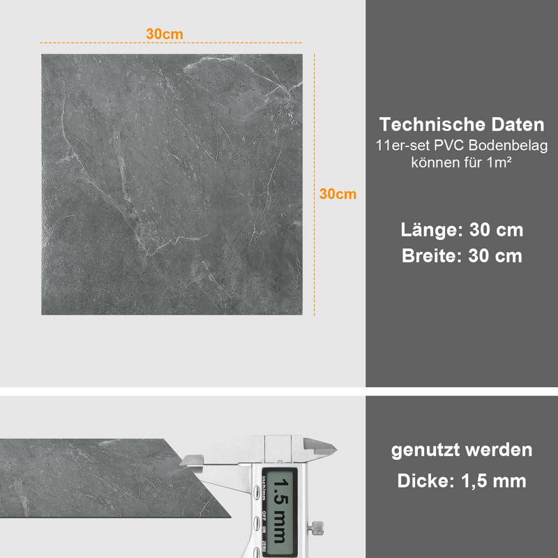 PVC Bodenbelag - Selbstklebende Fliesen - Betoneffekt - 30 cm x 30 cm x 1,5 mm - Dicke 1,5 mm - Hellgrau -ca.3m² / 33 Fliesen