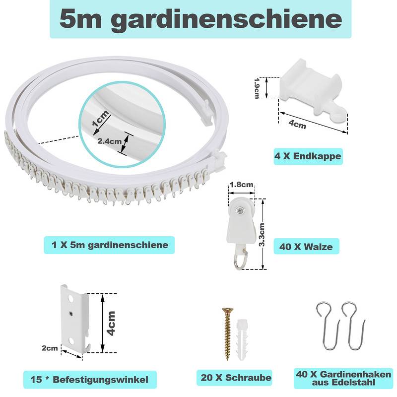 Vorhangschiene, Gardinenschiene, U-förmige, biegbare Gardinenschiene mit Gardinenhaken, 500 cm