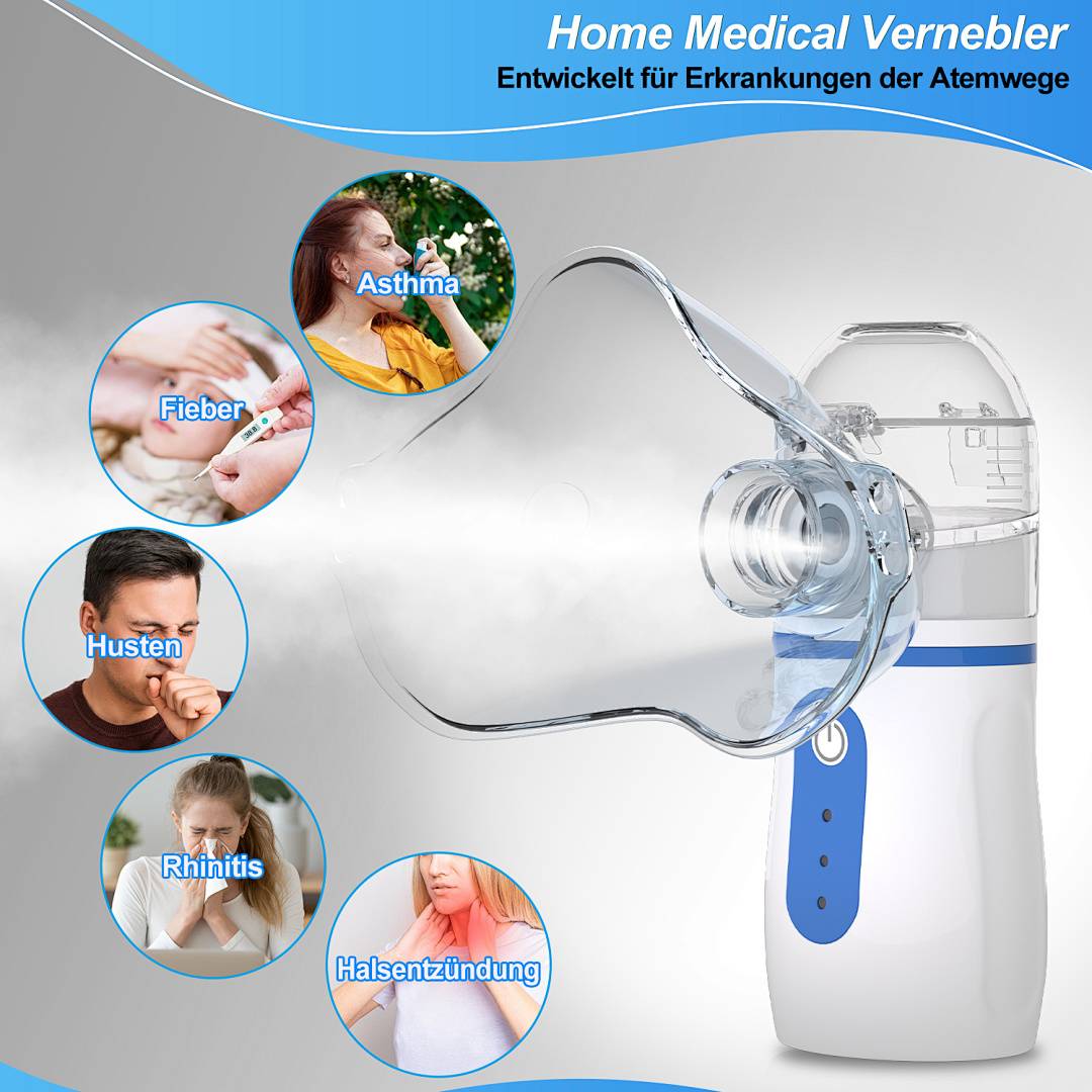 Tragbarer medizinischer Heimvernebeler für Atemwegserkrankungen, gezeigt mit Nebelabgabe und Beschriftungen für Fieber, Asthma, Husten, Rhinitis und Halsschmerzen.