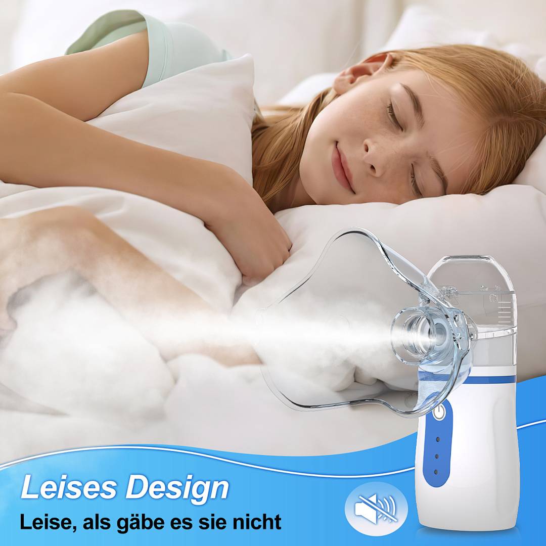Schlafendes Mädchen im Bett mit einem leisen tragbaren Vernebler; deutscher Text sagt „Leises Design" und „Leise, als gäbe es sie nicht"".
