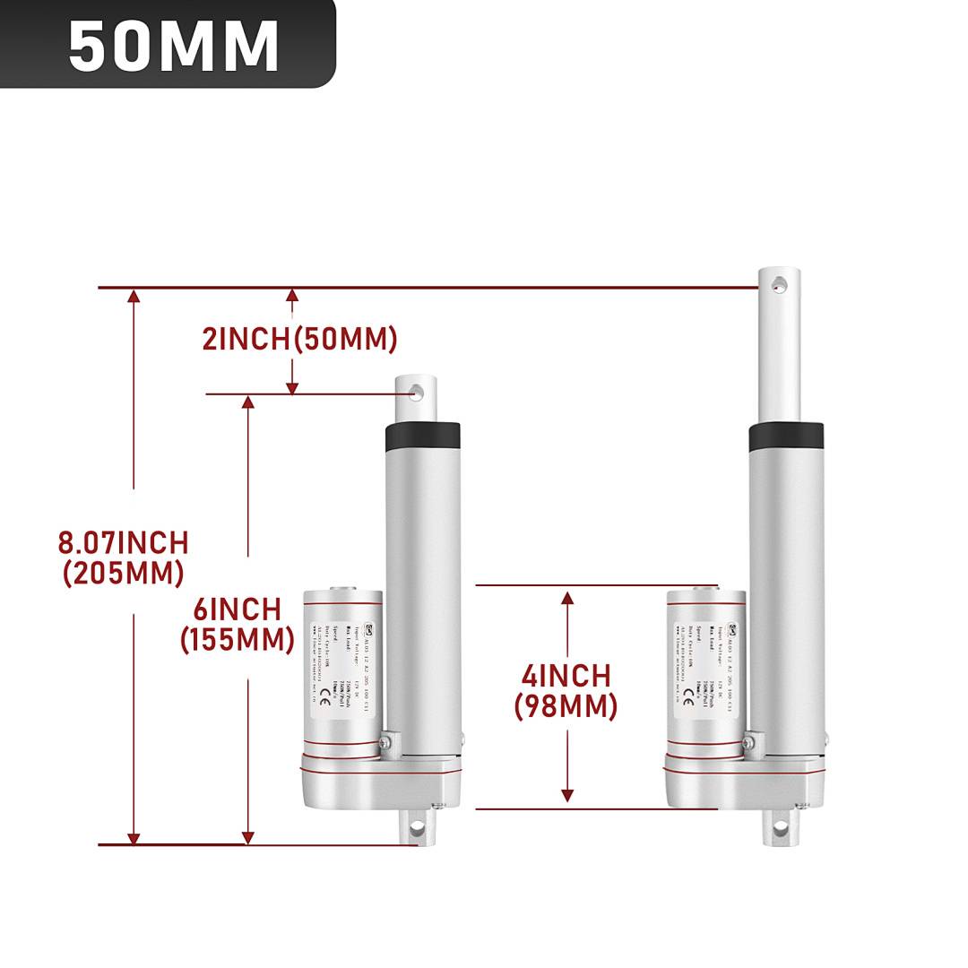 Dimensionsdiagramm mit einem 50-mm-Stellantrieb/Motor in zwei Positionen, beschriftet mit Höhen 8,07 Zoll (205 mm), 6 Zoll (155 mm), 4 Zoll (98 mm) und 2 Zoll (50 mm).