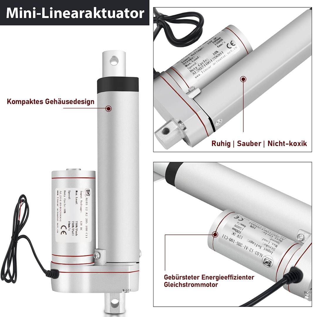 Mini-Linearantrieb-Produktbild mit kompaktem Gehäuse, gebürstetem Gleichstrommotor und Beschriftungen: "Ruhi | Sauber | Nicht-kosik"" und ""Gebürstetem Energieeffizientem Gleichstrommotor"".