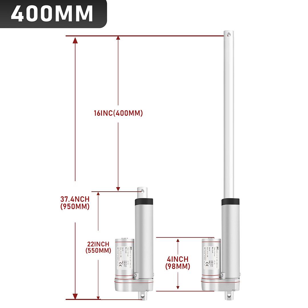 Diagramm, das eine 400-mm-Decken-zu-Rohr-Baugruppe mit zwei vertikalen Zylinder-Einheiten zeigt, mit beschrifteten Abmessungen 16 Zoll (400 mm), 37,4 Zoll (950 mm), 22 Zoll (550 mm) und 4 Zoll (98 mm).