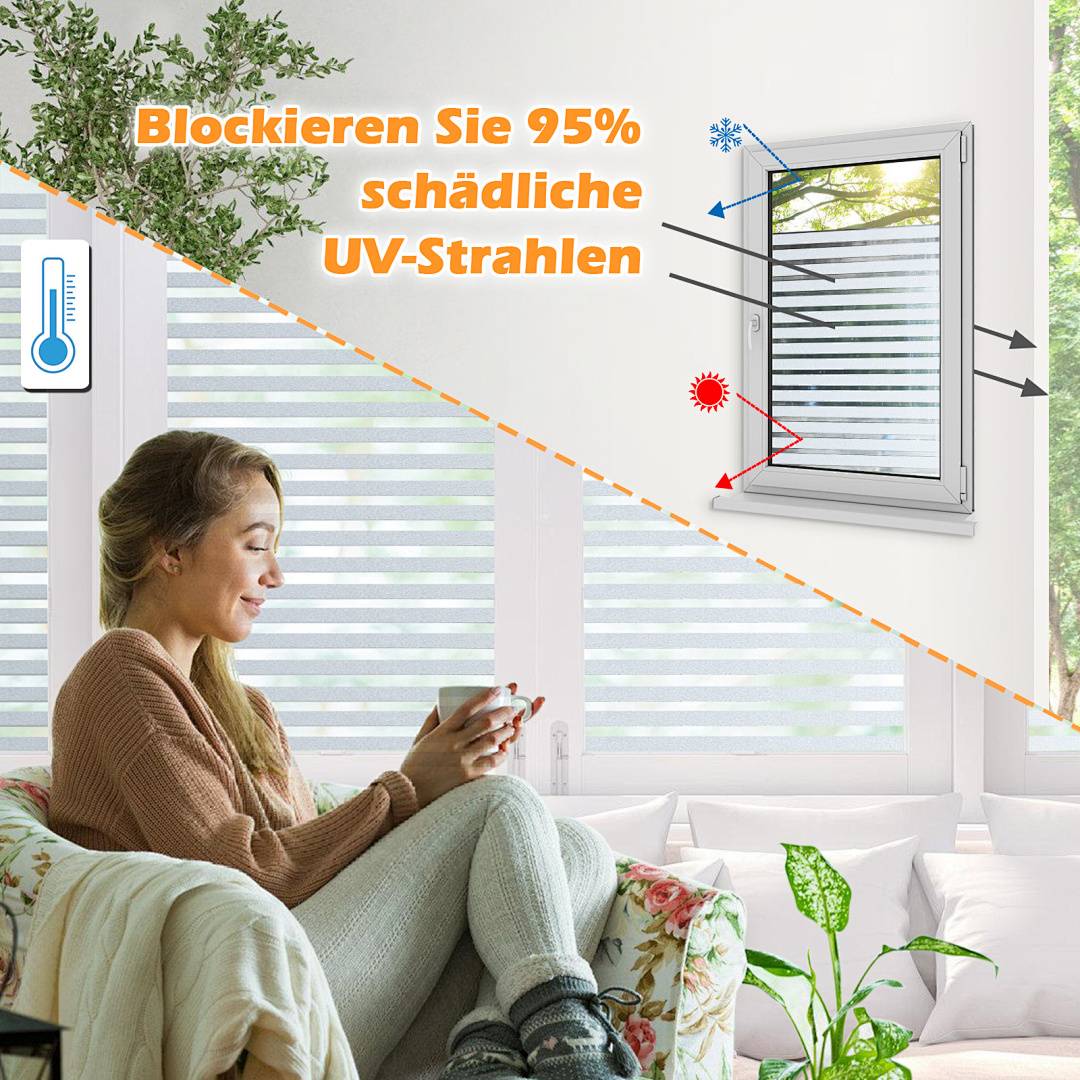 Frau entspannt sich auf einem Sofa neben einem Fenster, mit einem eingeblendeten Diagramm, das zeigt, wie Fensterfolie 95 % der schädlichen UV-Strahlen blockiert.