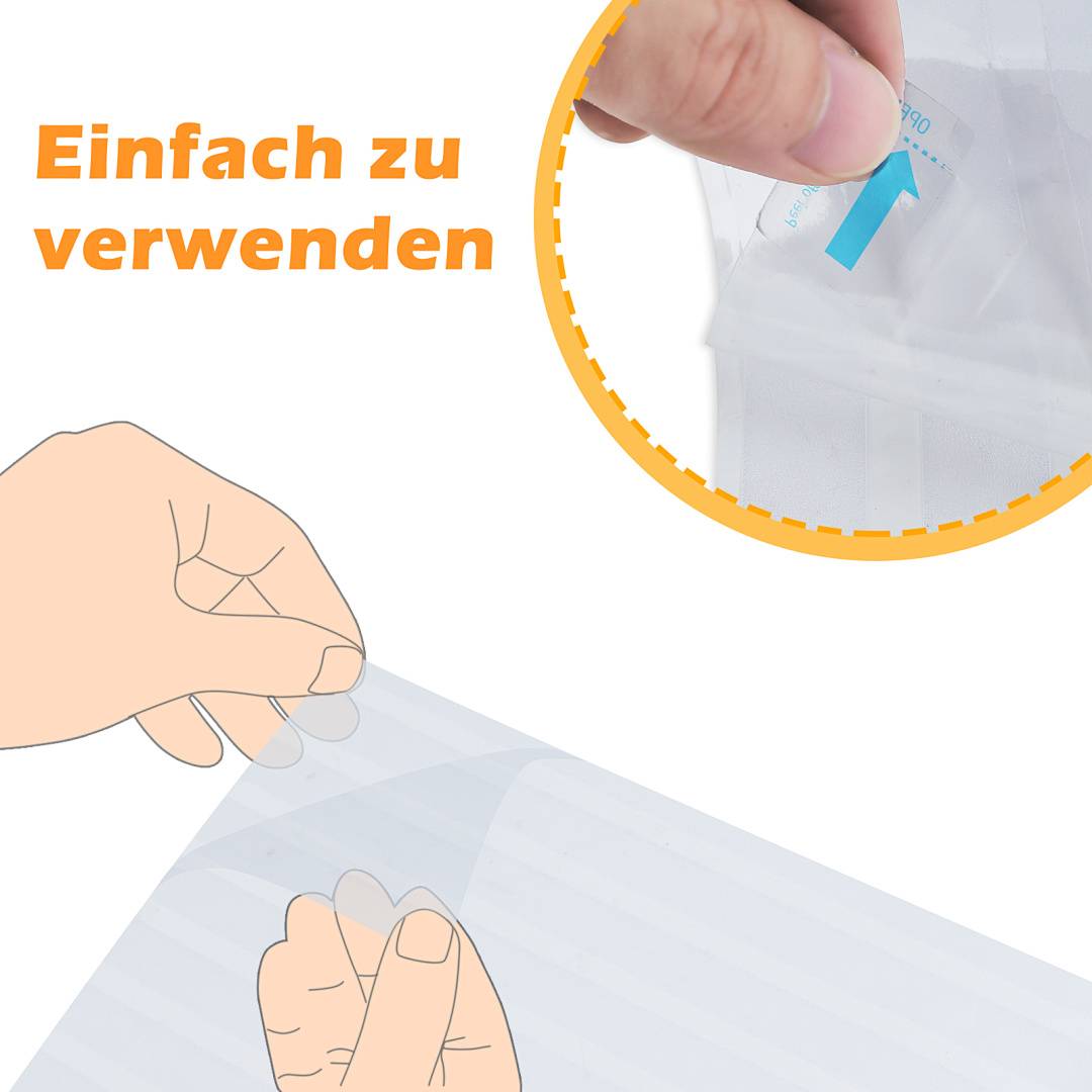 Illustration zeigt, wie man ein transparentes Haftungsblatt verwendet, mit deutschem Text "Einfach zu verwenden"" und einer Nahaufnahme eines Fingers, der das Schutzpapier abhält.