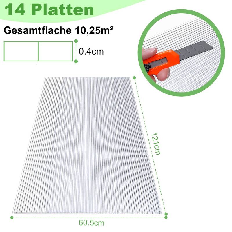 14x Doppelstegplatten 4mm Zuschneidbar 121x60,5cm Polycarbonat 10,25m² UV-beständig Klar Hohlkammerplatten Gewächshaus Platten Stegplatten
