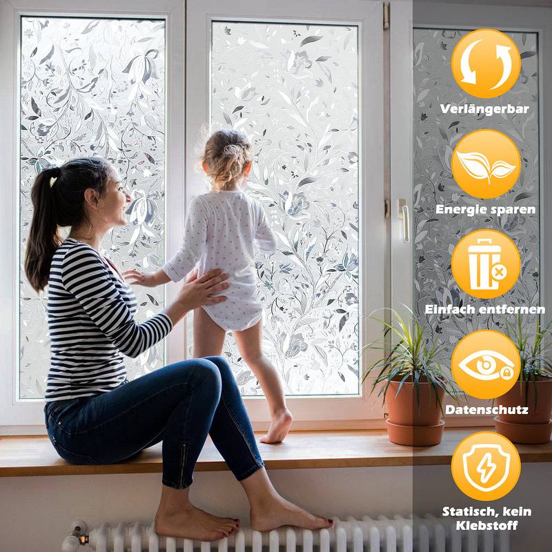 2x Fensterfolie 95% UV-Sonnenschutz Streifen Selbsthaftend Sichtschutzfolie Glasdekor (Blumenmuster,60x200cm)