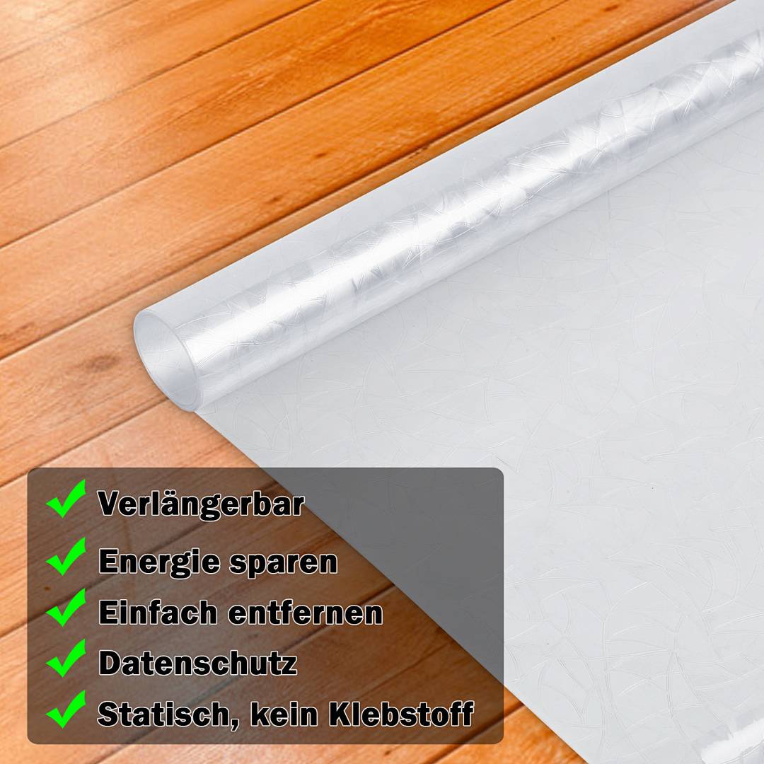 Rolle aus transparentem, statisch haftendem Fensterfilm auf einer Holzoberfläche, mit deutschem Text, der erweiterbar, energiesparend, einfache Entfernung, Datenschutz und kein Klebstoff hervorhebt.