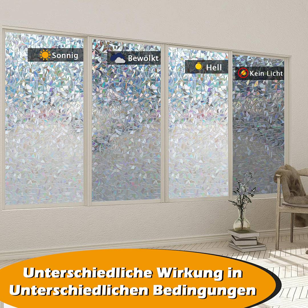 Vier mattierte Fensterblöcke zeigen Lichteffekte mit den Bezeichnungen „Sonnig", „Bewölkt"", „Hell"" und „Kein Licht""; die Bildunterschrift besagt, dass verschiedene Effekte unter verschiedenen Bedingungen entstehen.