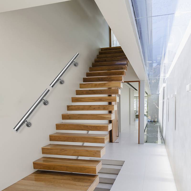 Edelstahl Handlauf Geländer matt, runde Treppe, innen und außen, Ø 42 mm, Treppengeländer mit Bügel, silber 200 cm