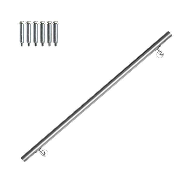 Edelstahl Handlauf Geländer matt, runde Treppe, innen und außen, Ø 42 mm, Treppengeländer mit Bügel, silber 140 cm