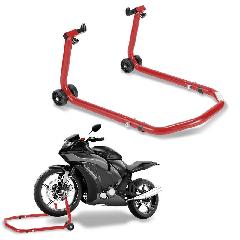 Rotes Motorrad-Hinterrad-Ständer mit Rädern und U-förmiger Basis, das ein Sportmotorrad stützt.