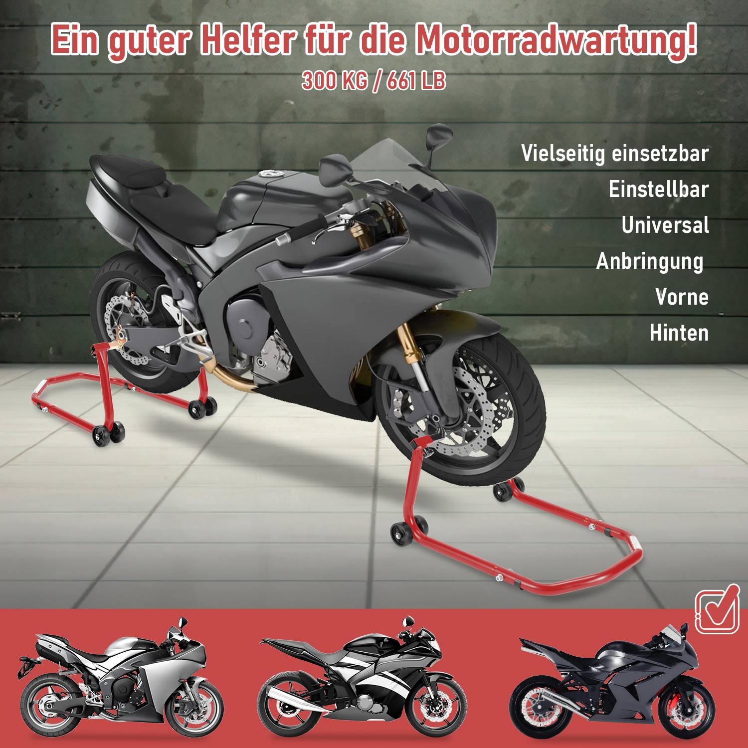 SWANEW Motorradständer für Vorderrad 300 kg Frontheber Motorradheber Front Rot