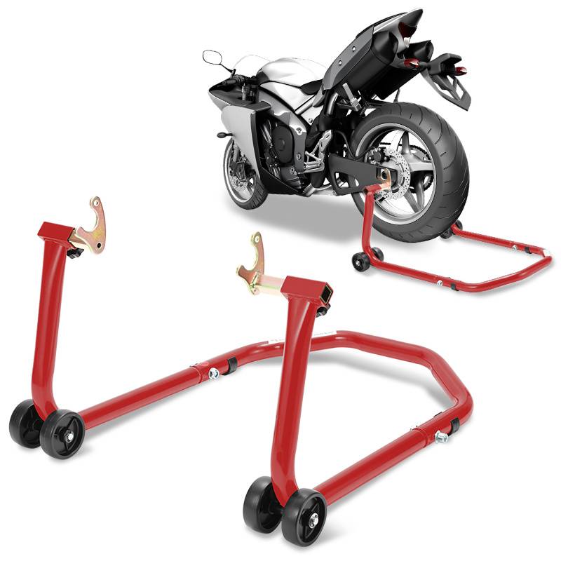 Motorrad auf rotem hinteren Paddockständer; ein zweiter roter Ständer wird im Vordergrund auf weißem Hintergrund gezeigt.