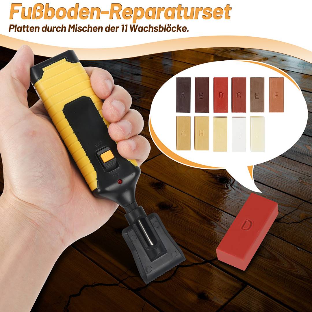 Tragbares Fußboden-Reparaturwerkzeug zum Schmelzen und Auftragen farbiger Wachsstäbe zum Ausfüllen von Kratzern in einem Holzboden; Text sagt „Fußboden-Reparaturset" und „Platten durch Mischen der 11 Wachsblöcke."