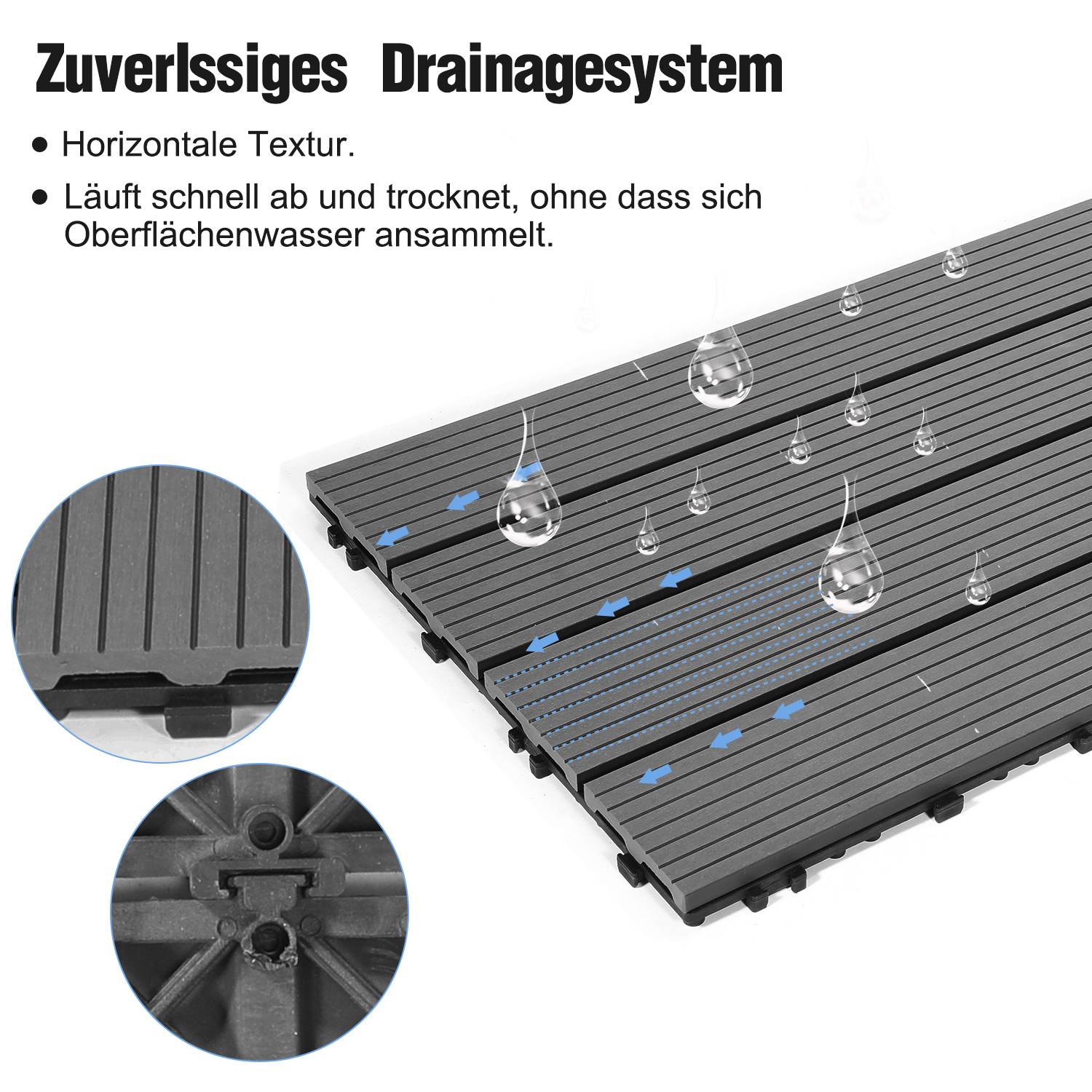 SWANEW Terrassenfliesen Holzfliesen WPC Fliesen 6er Kunststoff 2m² Garten 60x30cm Klickfliese Bodenbelag mit Drainage Anthrazit-grau