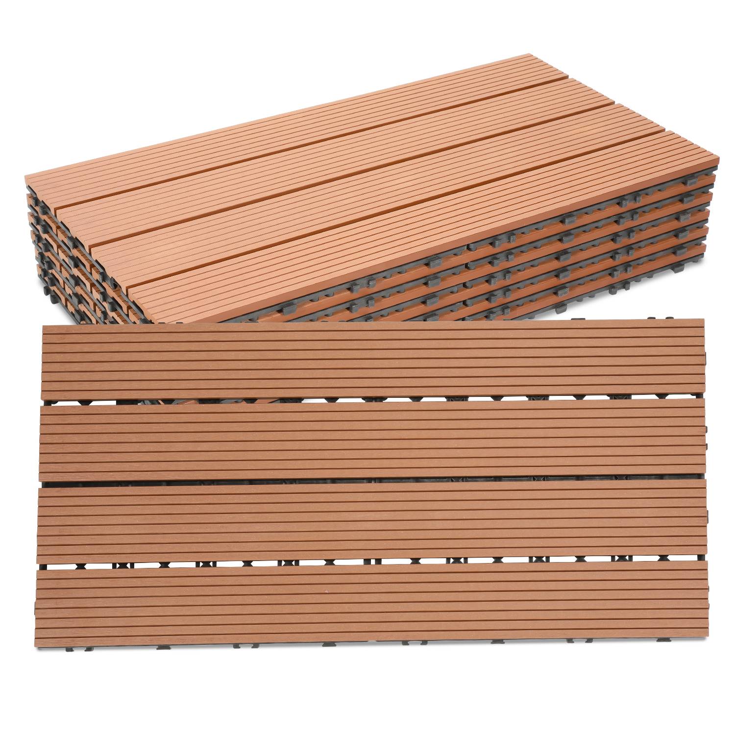 SWANEW Terrassenfliesen Holzfliesen WPC Fliesen 6er Kunststoff 3m² Garten 60x30cm Klickfliese Bodenbelag mit Drainage Braun