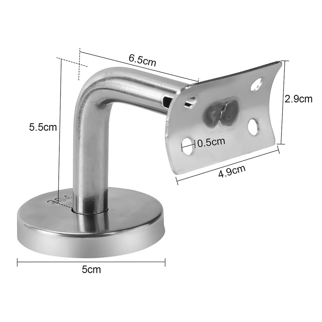 Produktdiagramm einer Metall-Wand-/Handlaufhalterung, die ein L-förmiges Rohr mit runder Basis und rechteckiger Montageplatte zeigt, mit Abmessungen in Zentimetern gekennzeichnet.