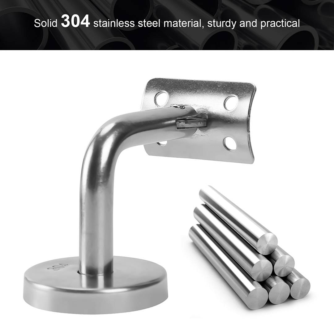 Produktfoto einer wandmontierten Stützhalterung aus 304er Edelstahl mit Basis sowie ein Stapel passender Metallstangen; Text besagt „Massives 304er Edelstahlmaterial, robust und praktisch".