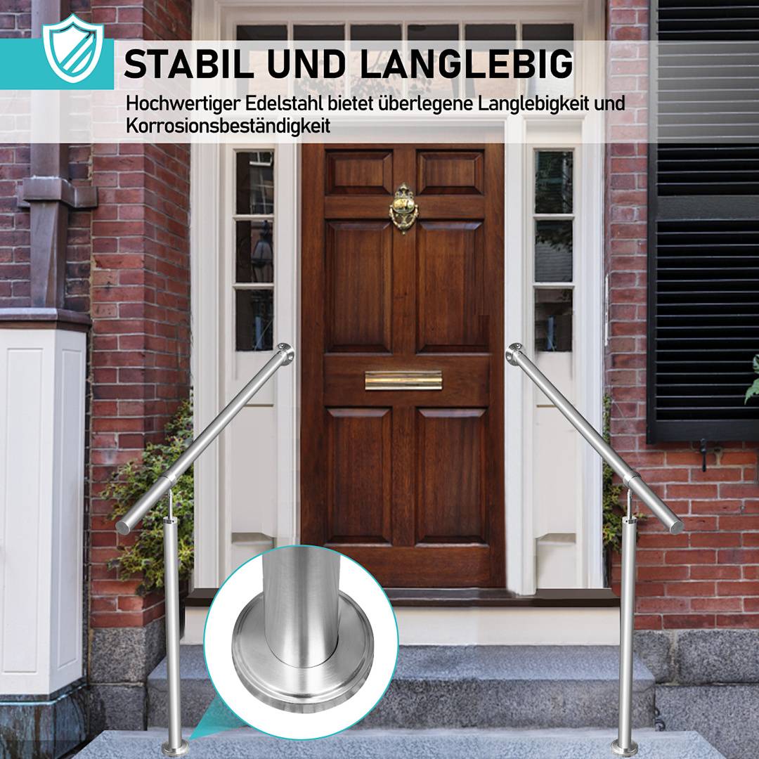 Haustür mit Edelstahlhandläufen; deutscher Text besagt „langlebig und haltbar" und hebt die Langlebigkeit des Edelstahls und seine Korrosionsbeständigkeit hervor.