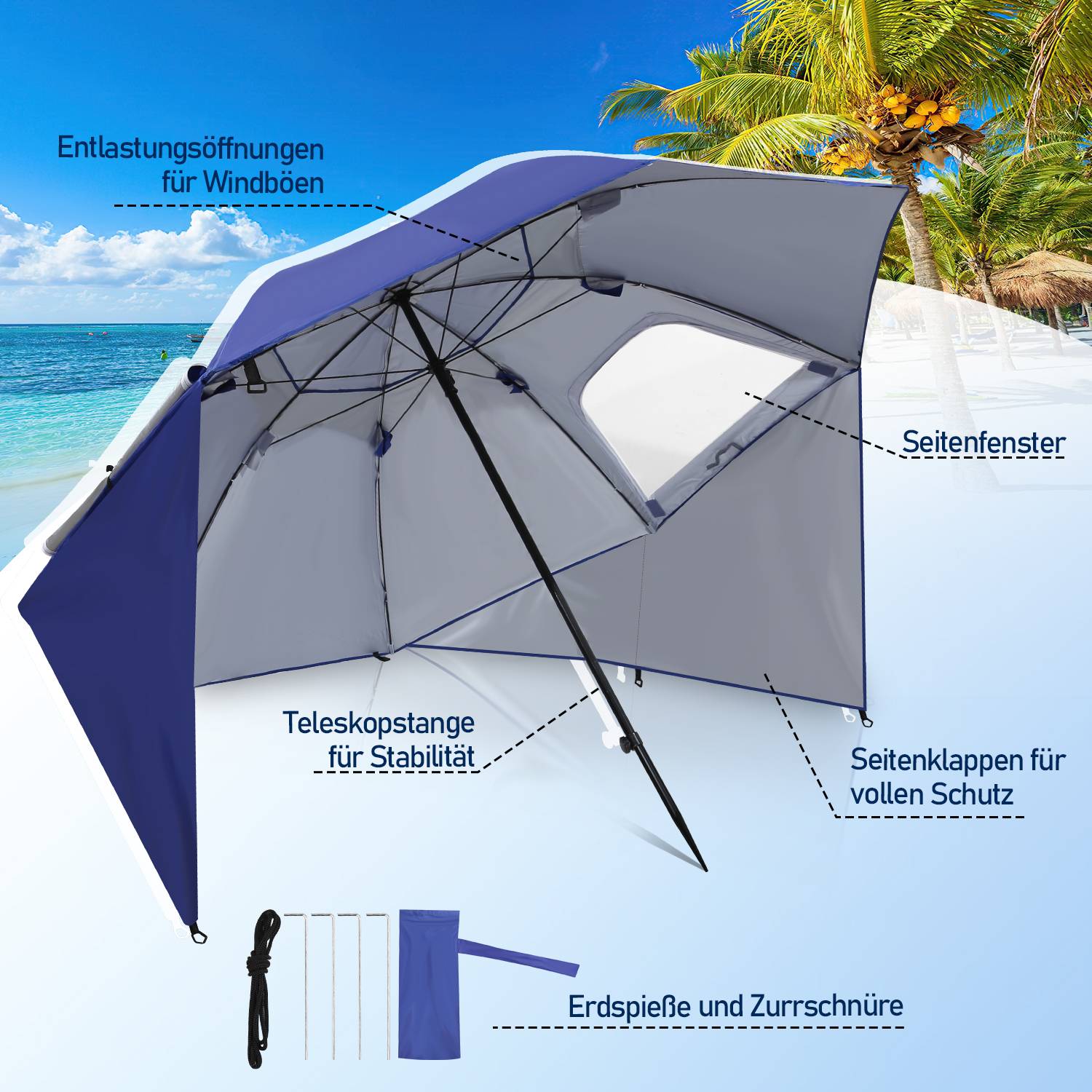 Strandschirm Sonnenschirm 210cm UV Schutz 50+ Neigbar mit Erdspieß Tragetasche Wasserabweisend Strand Garten Balkonschirm Gartenschirm Blau