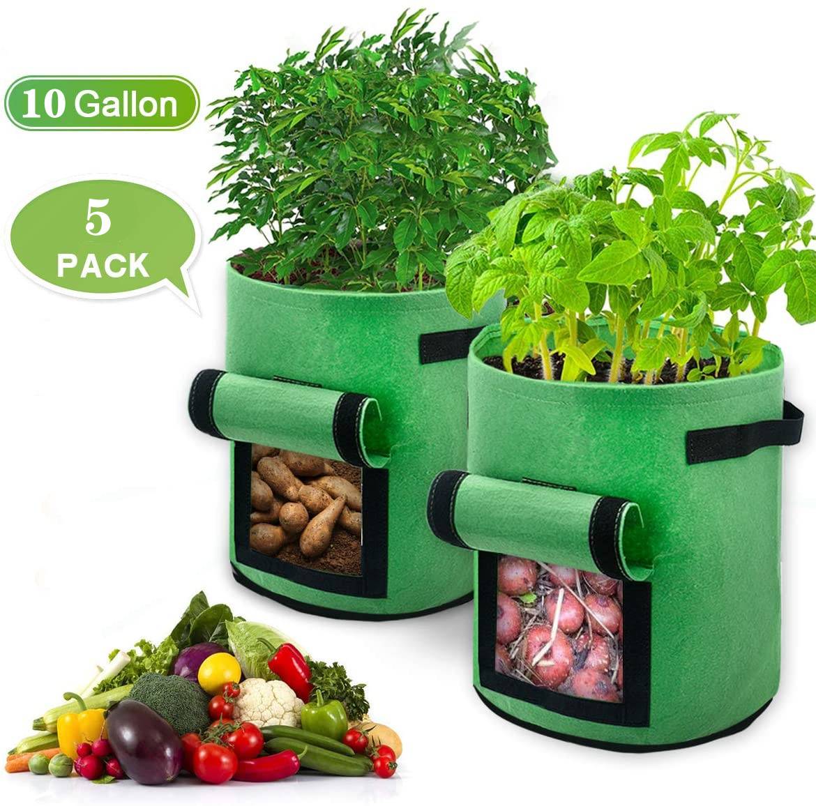 Pflanzsack Pflanztasche Kartoffel Tomaten Erdnüsse Vliesstoff Atmungsaktiv Pflanzbeutel Gemüse Beutel 5 Stück 10 Gallone Grün