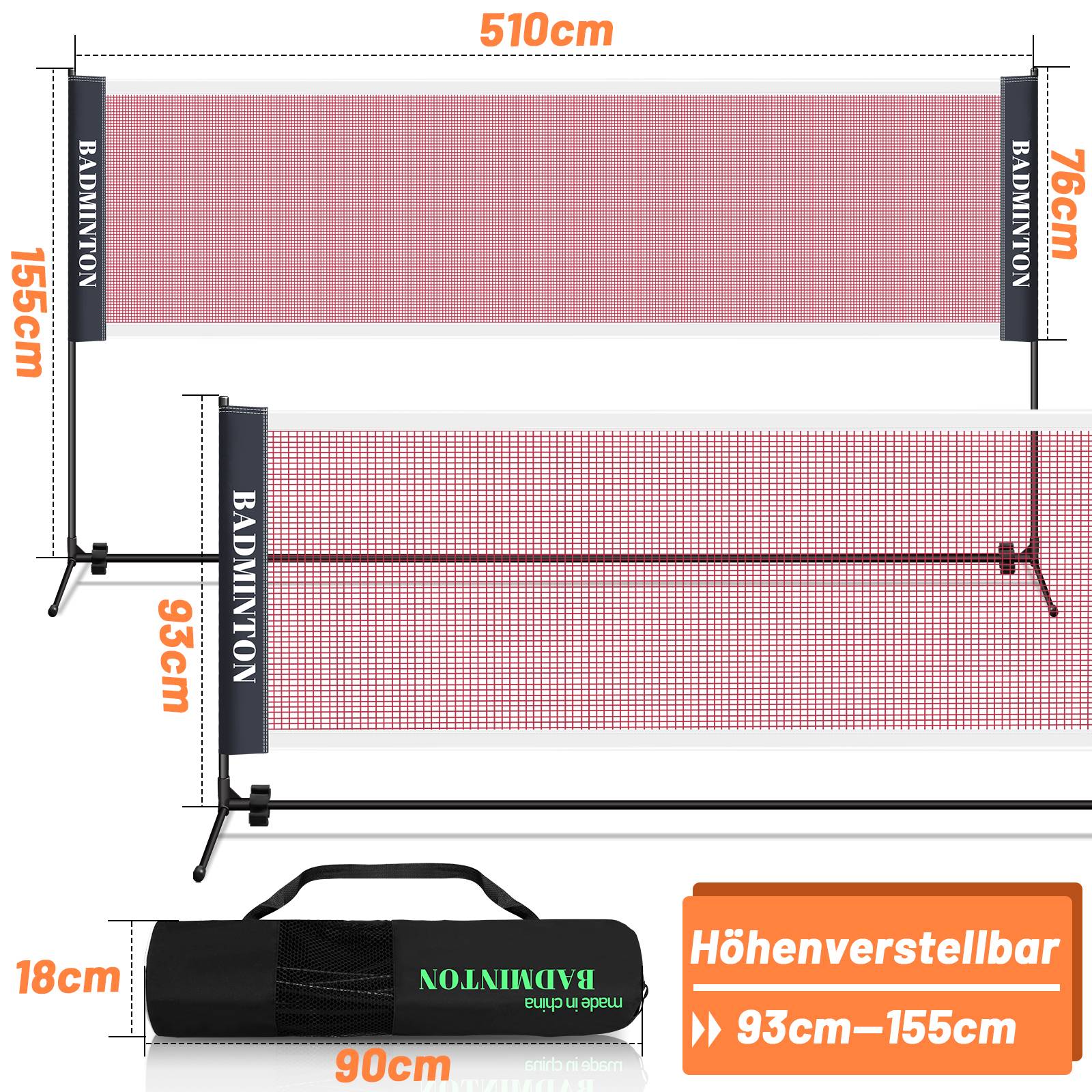 Badmintonnetz Tennisnetz Federballnetz Volleyballnetz Tragbares Trainingsnetz Höhenverstellbar mit Tragetasche 510cm breit