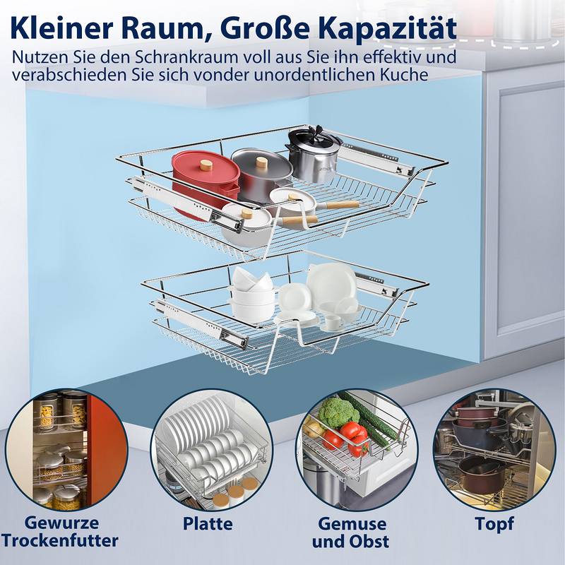 2X Küchenschublade Schrankauszug Korbauszug Teleskopschublade Vormontiert Verchromt Silber 30CM