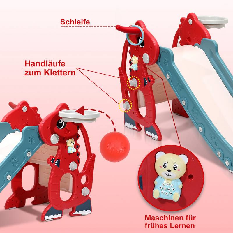 Kinderrutsche Rutsche Gartenrutsche 4-in-1 Kinder Spielplatz mit Basketballkorb Wurfring Englisch-Lerngerät Rot