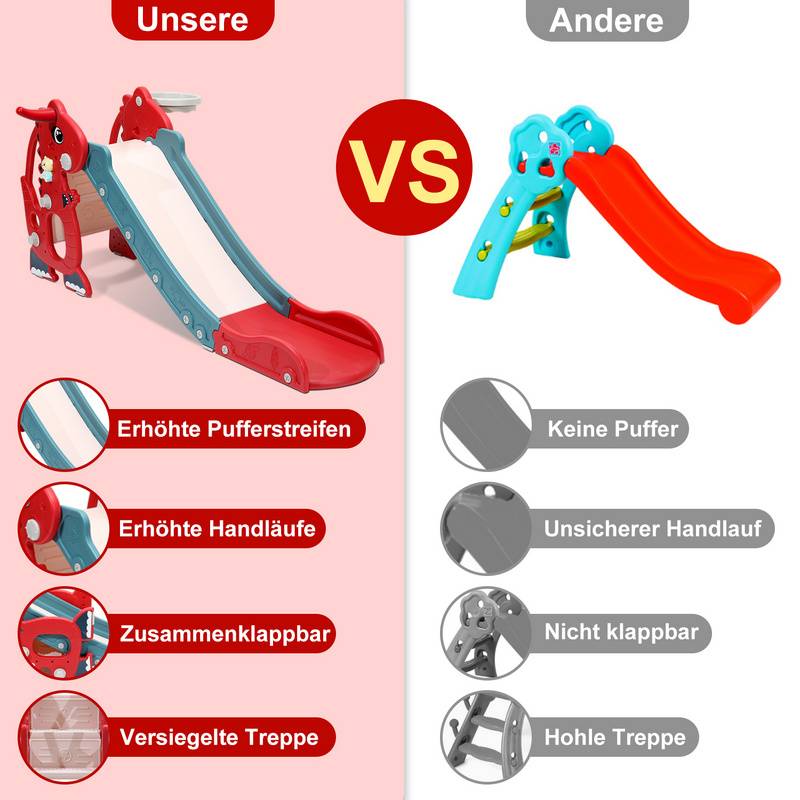 Kinderrutsche Rutsche Gartenrutsche 4-in-1 Kinder Spielplatz mit Basketballkorb Wurfring Englisch-Lerngerät Rot