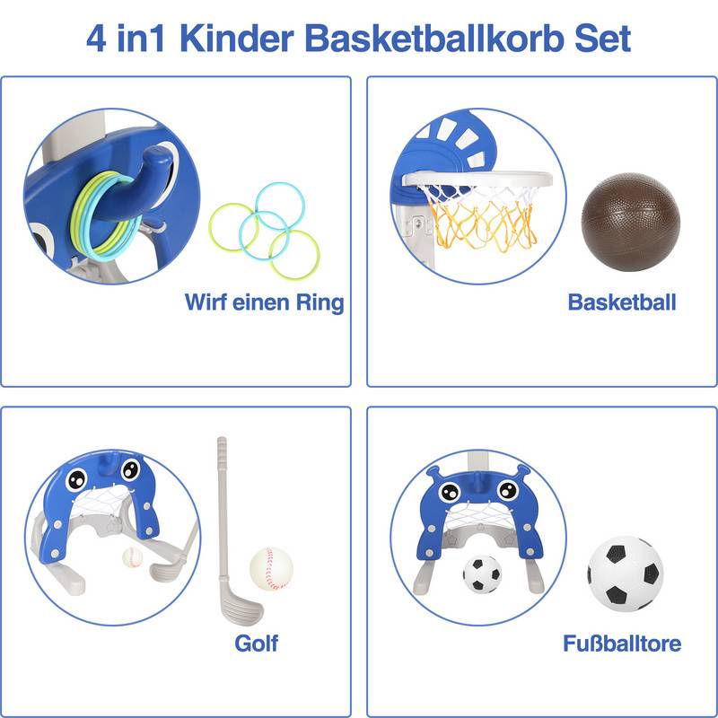 4-in-1 Basketballständer Set Basketballkorb für Kinder Basketball/Fußballtor/Ringwurfspiel/Golf, Verstellbarer 114-152cm