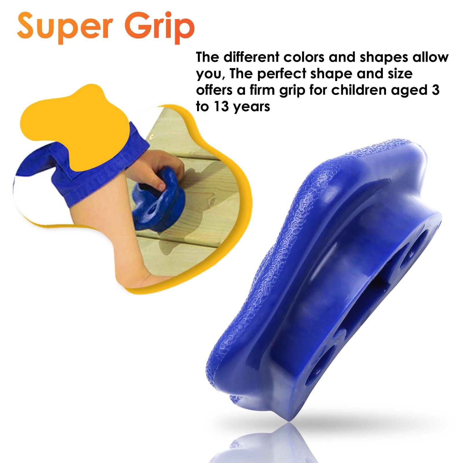 Blauer runder "Super Grip""-Griff mit eingefügtem Foto eines Kindes, das ihn benutzt; der Text besagt, dass Farbe und Form einen festen Griff für Kinder von 3 bis 13 Jahren ermöglichen.